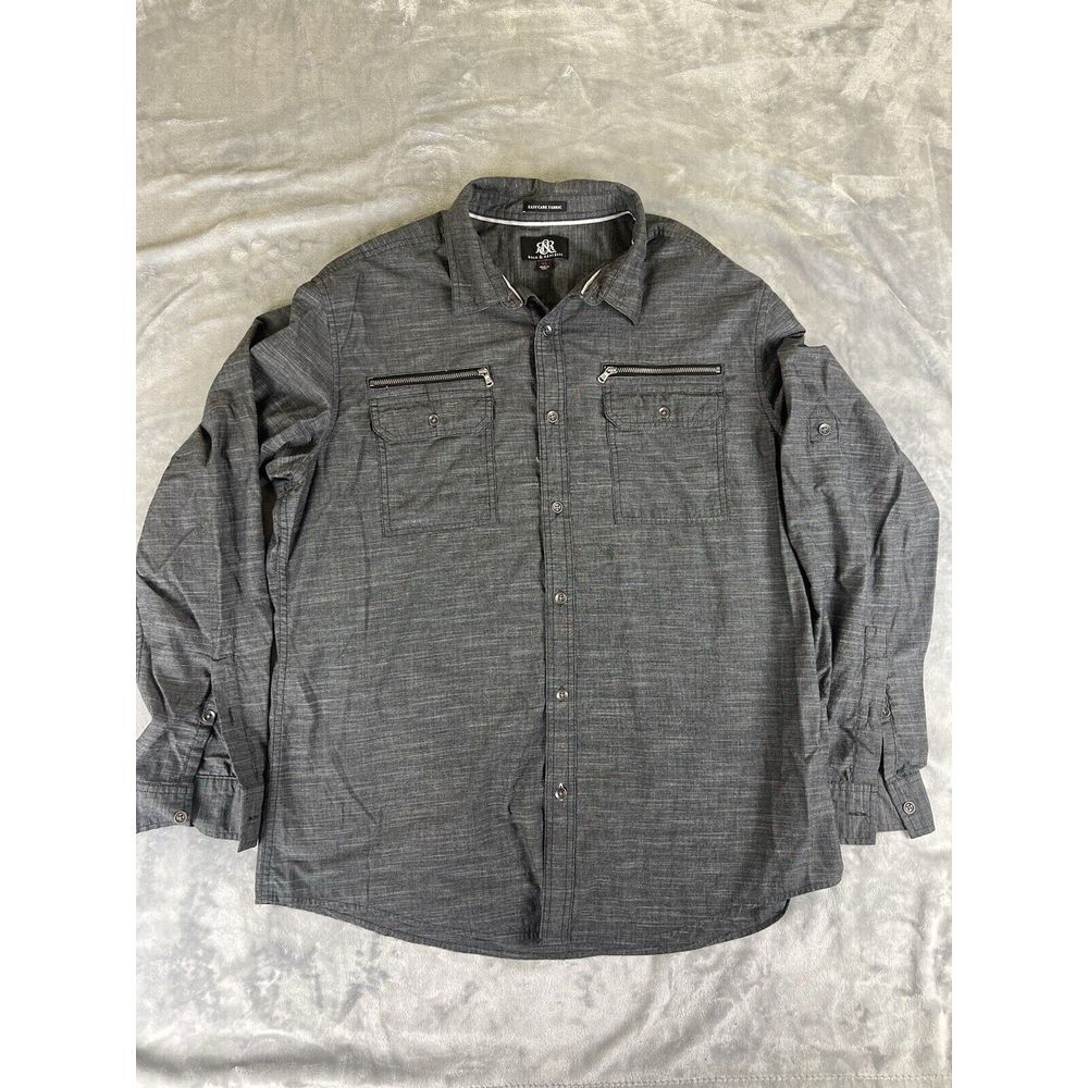 Rock & Republic Shirt Men's XL Gray Striped Cotton Long Sleeve Pockets Button-Up